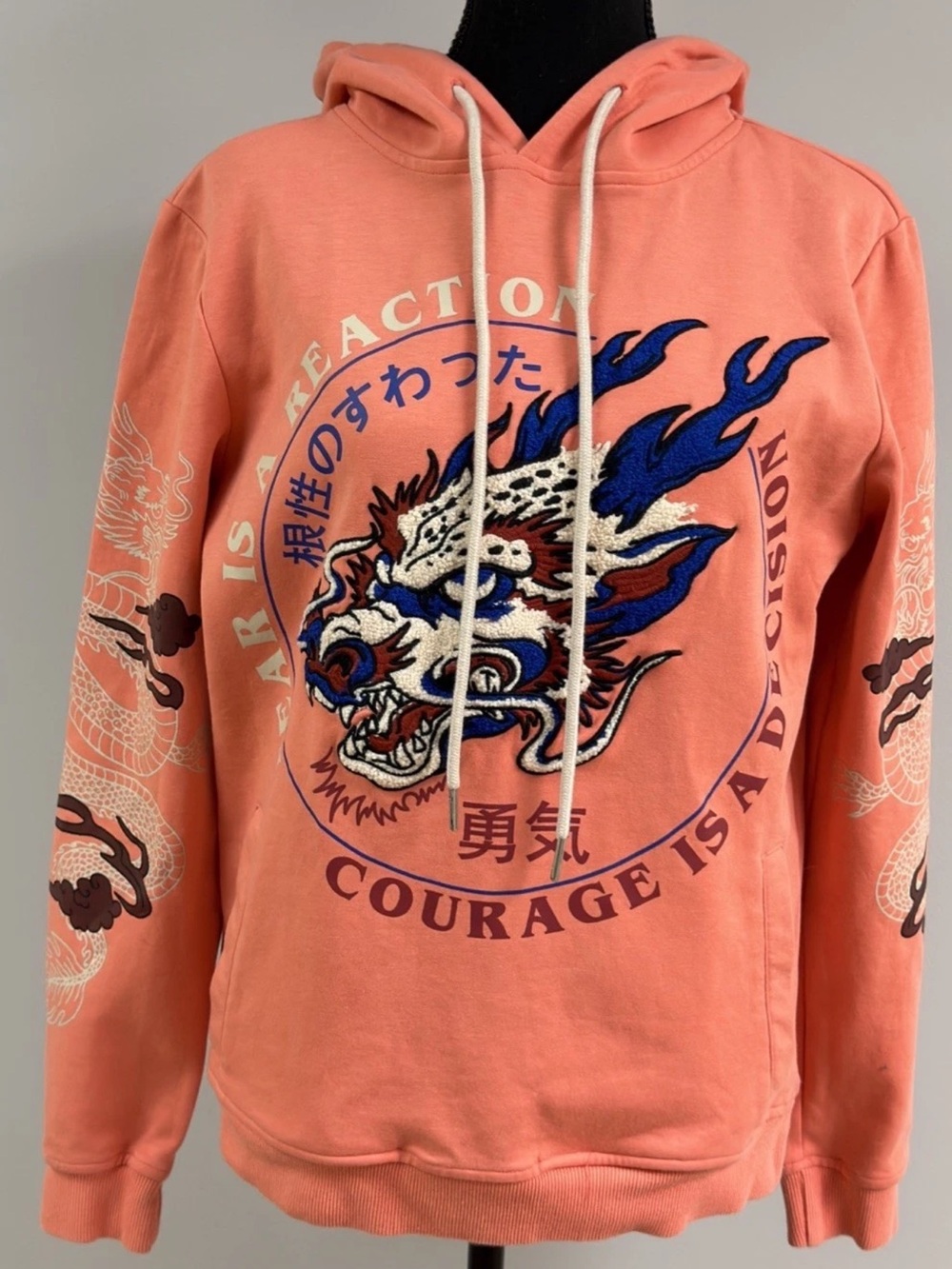 Genuine Authentic Embroidered Dragon Patch Orange Hoodie “Japanese Kanji” Size S